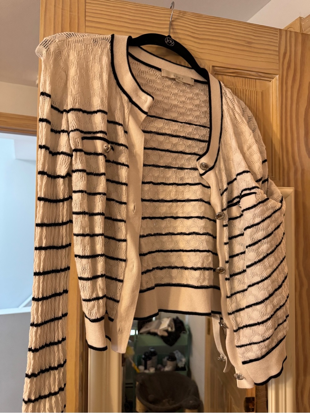 LOFT Cream and Black Striped Button-Front Cardigan